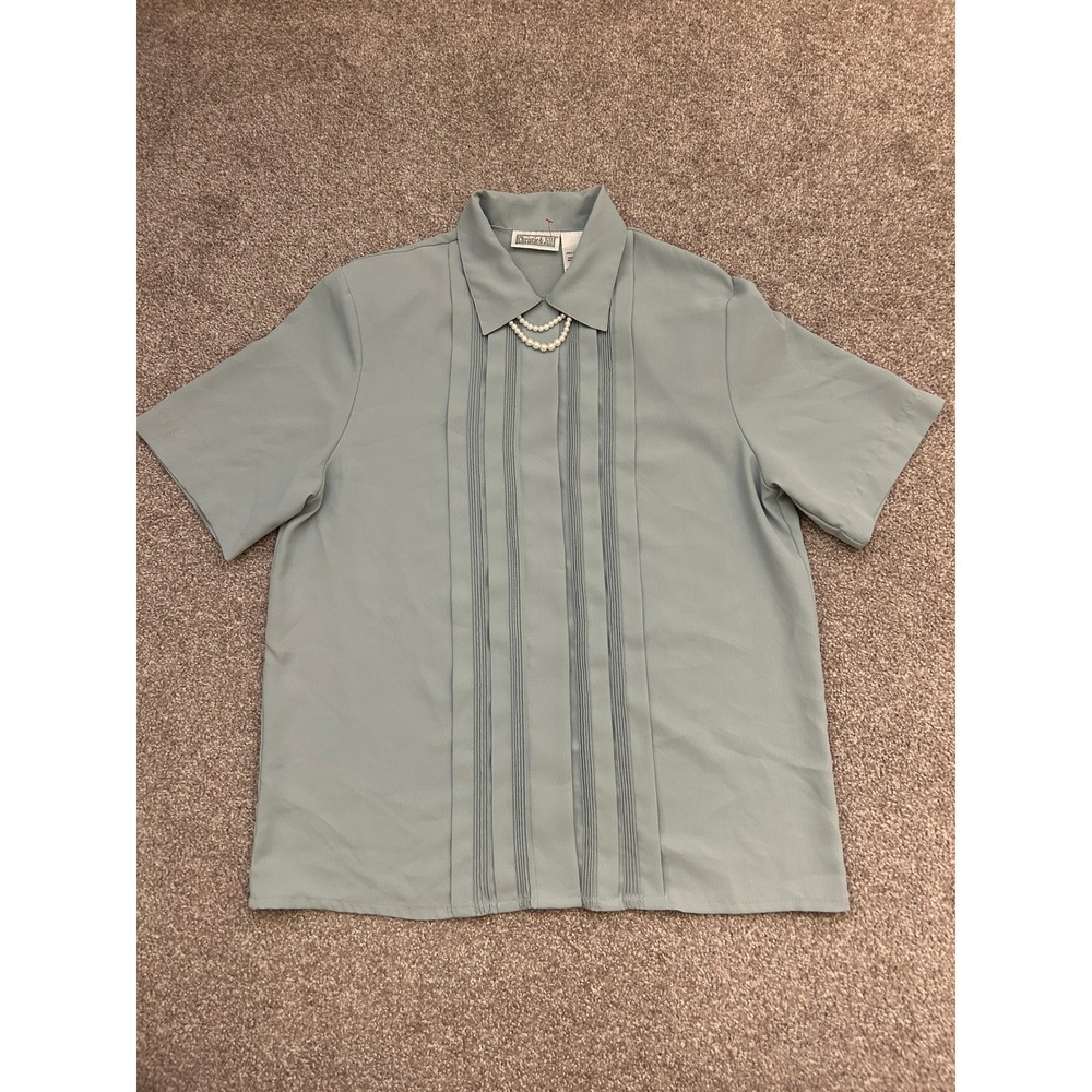 Christie & Jill Blouse Womens 8 Green Excellent Pintuck Pearl Short Sleeve